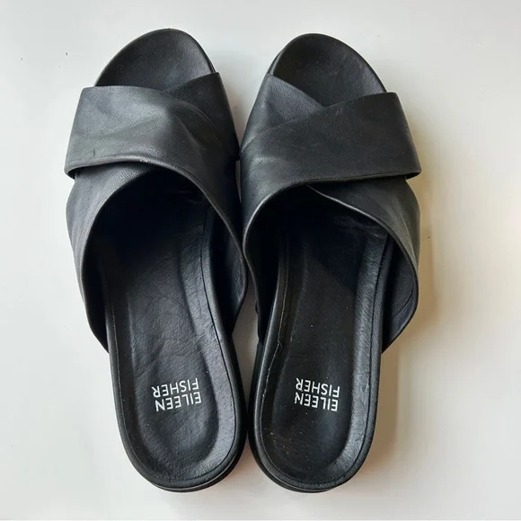 Eileen Fisher tumbled leather sandals size 9 black tan slip on - Picture 7 of 11